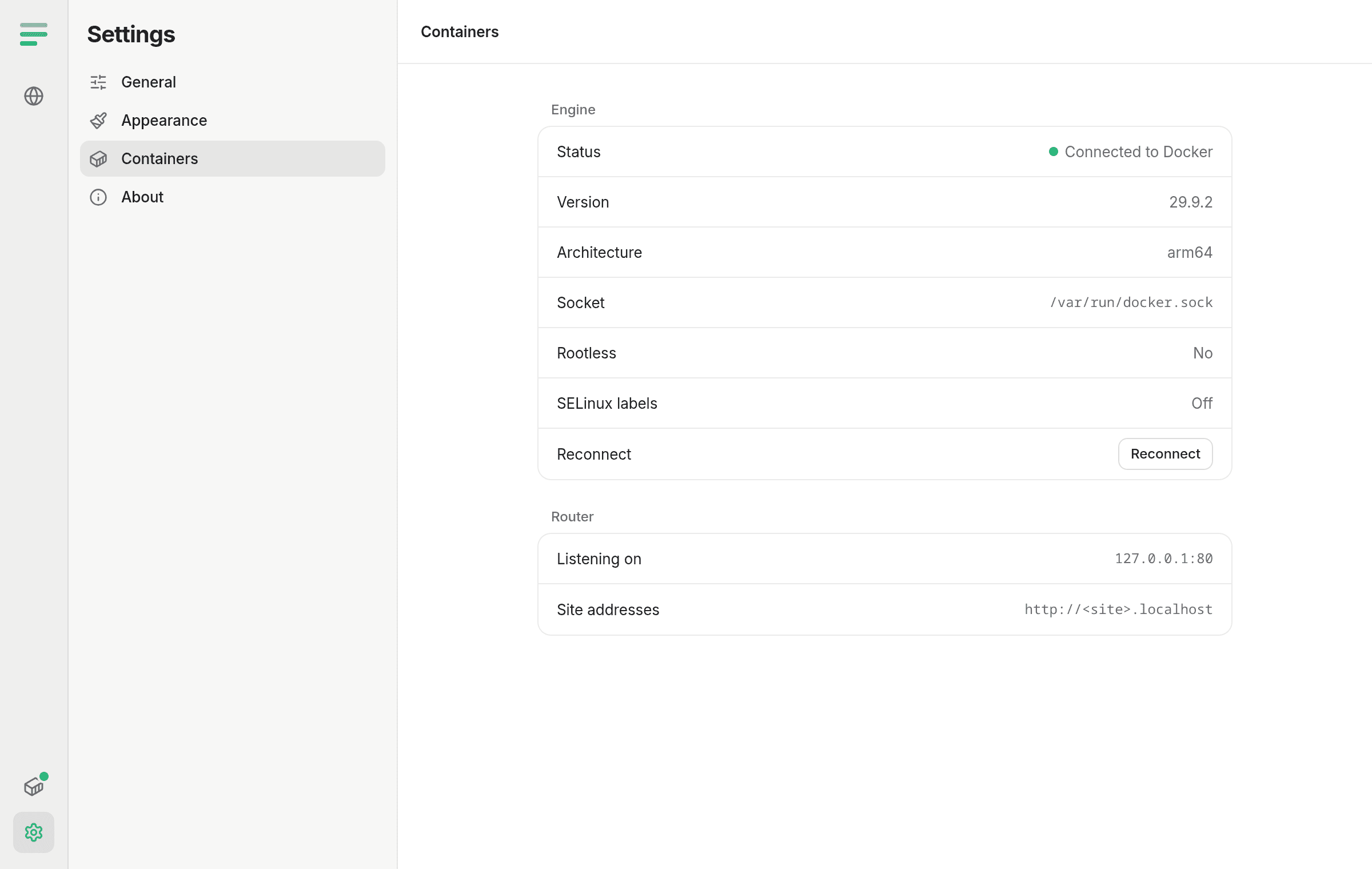 Settings showing the connected container engine
